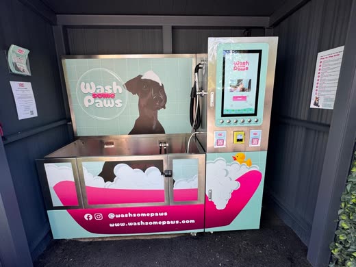 Close crop of the touchscreen payment kiosk on the wash unit